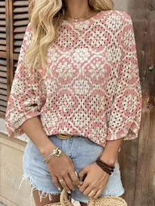 Spring Summer Women's Hollow Out Batwing Sleeve Knit Top, Colorblock Ethnic Print, Casual Elegant Commuter Wear, Boho Beach Cover-Up