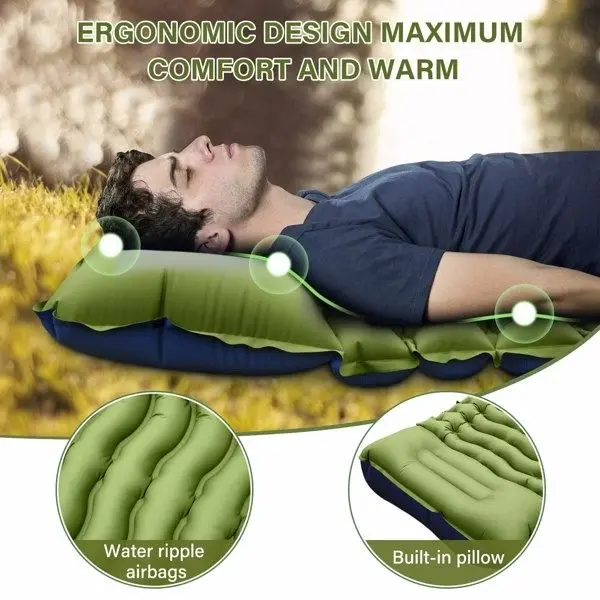 Single Inflatable Camping Mattress with Built in Pillow and Foot Pump Lightweight Sleeping Pad for Backpacking Hiking Travel and Tent Easy to Inflate Portable Air Bed for Outdoor Adventures
