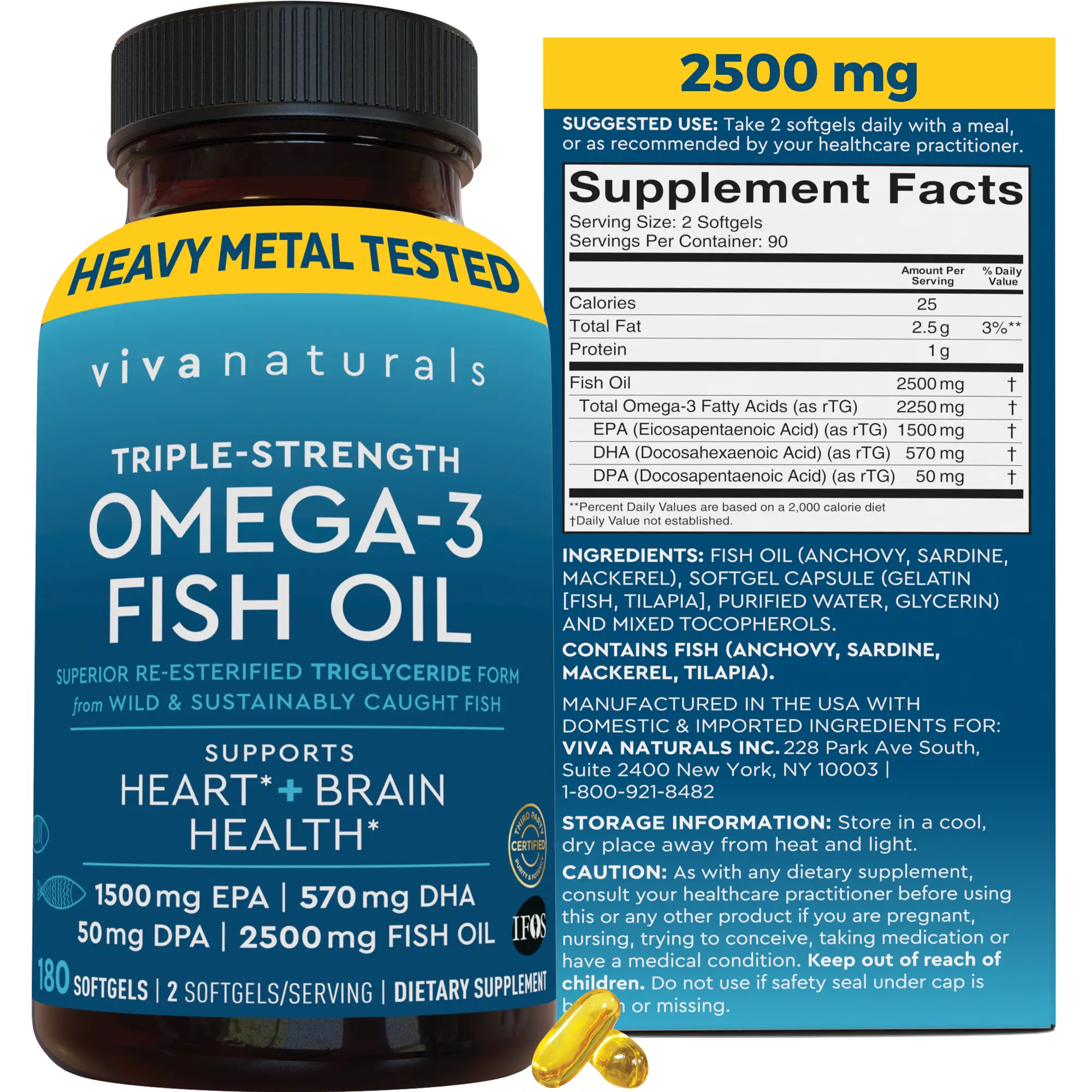 Viva Naturals Omega 3 Fish Oil Supplement for Women and Men - 2500 mg Triple Strength Fish Oil Pills with Re-Esterified Omega 3 Fatty Acids Including