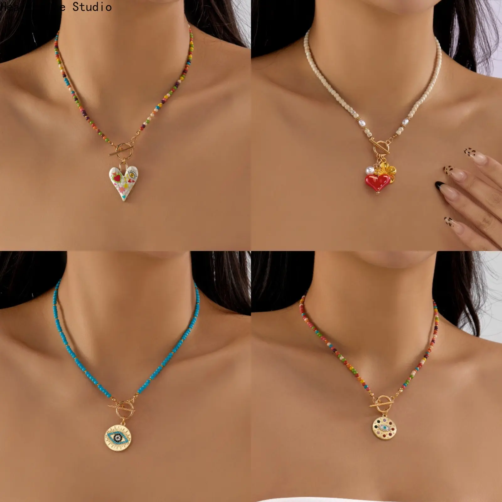 Women's Hypoallergenic Minimalist Seed Bead Choker Necklace - Round Evil Eye Amulet, Delicate Micro Rice Bead Chain, Trendy Layered Jewelry for Female Girl Birthday Daily Wear Gift