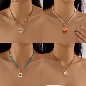 Women's Minimalist Seed Bead Choker Necklace with Round Evil Eye Amulet, Delicate Micro Rice Bead Chain, Trendy Layered Jewelry Necklaces for Daily Wear Gift