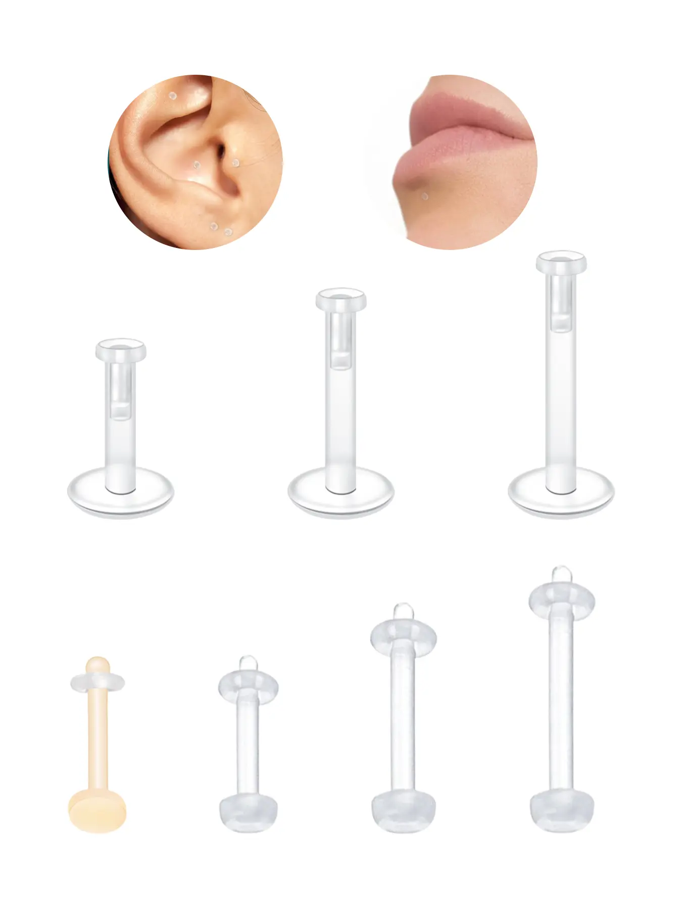 18pcs 16 Gauge Clear Bioflex Plastic Lip Studs, Unisex Jewelry for All Seasons, Casual Style Cartilage Stud, Multiple Sizes Available