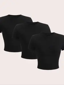 Women's Solid Color Simple Round Neck Crop Tee, 3 Counts Casual Basic Short Sleeve Cropped T-Shirt for Summer, Ladies Clothes for Daily Wear