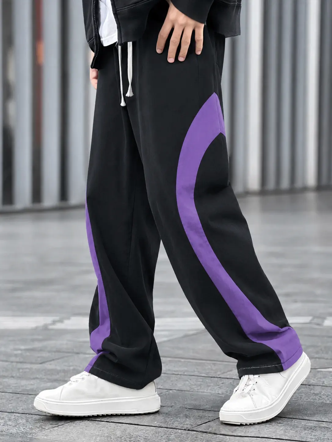 Single piece American color-block curved patchwork quick-dry wide-leg casual pants for men and women; black-and-purple patchwork, drapey straight-leg street sports long pants; sold individually.