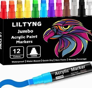 12 Colors Jumbo Markers, 10mm Jumbo Felt Tip, Acrylic Paint Pens Markers for Rock Painting, Poster, Stone, Ceramic, Glass, Wood, Canvas