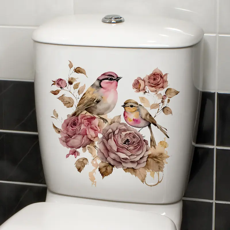 Bird Flower Wall Sticker, Multi-Purpose Removable Decal for Bedroom Living Room Cabinet, Bathroom Decoration Accessories, Toilet Decorative Waterproof Patch