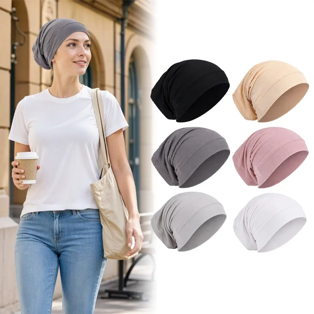 6Pcs Soft Stretch Turban Head Wraps for Women, Breathable Solid Color Beanie Caps, Lightweight Chemo Headwear for Daily Outdoor & Sleep Use