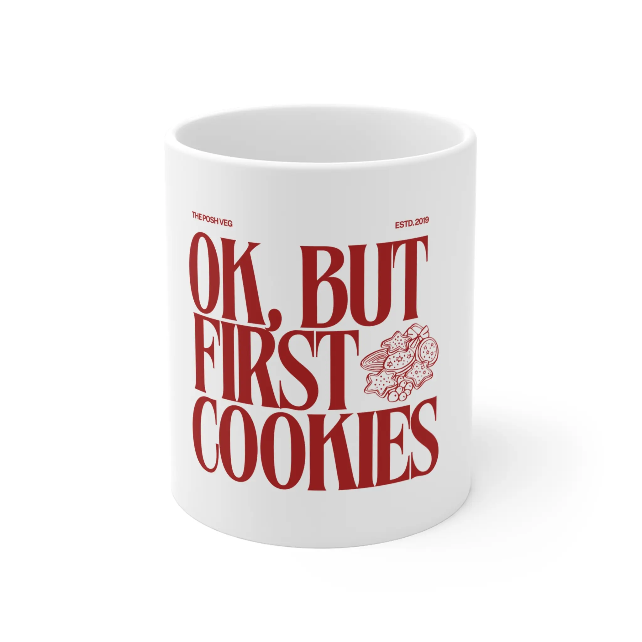 Ok, But First Cookies Mug — 11oz Coffee Cup for Cookie Lovers, Funny Christmas Gift | Santa Ceramic Classic Microwave & Dishwasher Safe Reusable Drinkware
