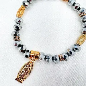 12pcs Elastic Bracelets for Baptism and Communion Gifts Featuring Silver Beads and Gold Virgin Mary Charm