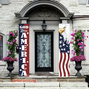 2D Flat 2PC Polyester Couplet Banner, God Bless America Theme Design, Featuring "GOD BLESS AMERICA" Lettering, Bald Eagle Figure, American Flag Elements & Red White Blue Color Scheme, Solemn Patriotic Style, Indoor and Outdoor Use,