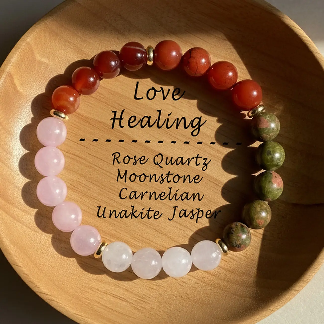 Love Healing Bracelet - 8mm Moonstone Rose Quartz Unakite Red Jasper Carnelian Stone Bracelet - Crystal Bracelet Gift for her, gift for him