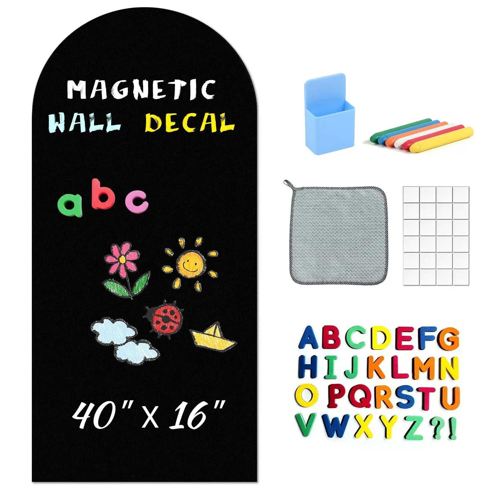 Kids Educational Magnetic Wall Board Sticker Removable Black Arch Chalkboard Complete with Alphabet Magnets Chalk Set and Eraser Holder for Bedroom Playroom Decoration