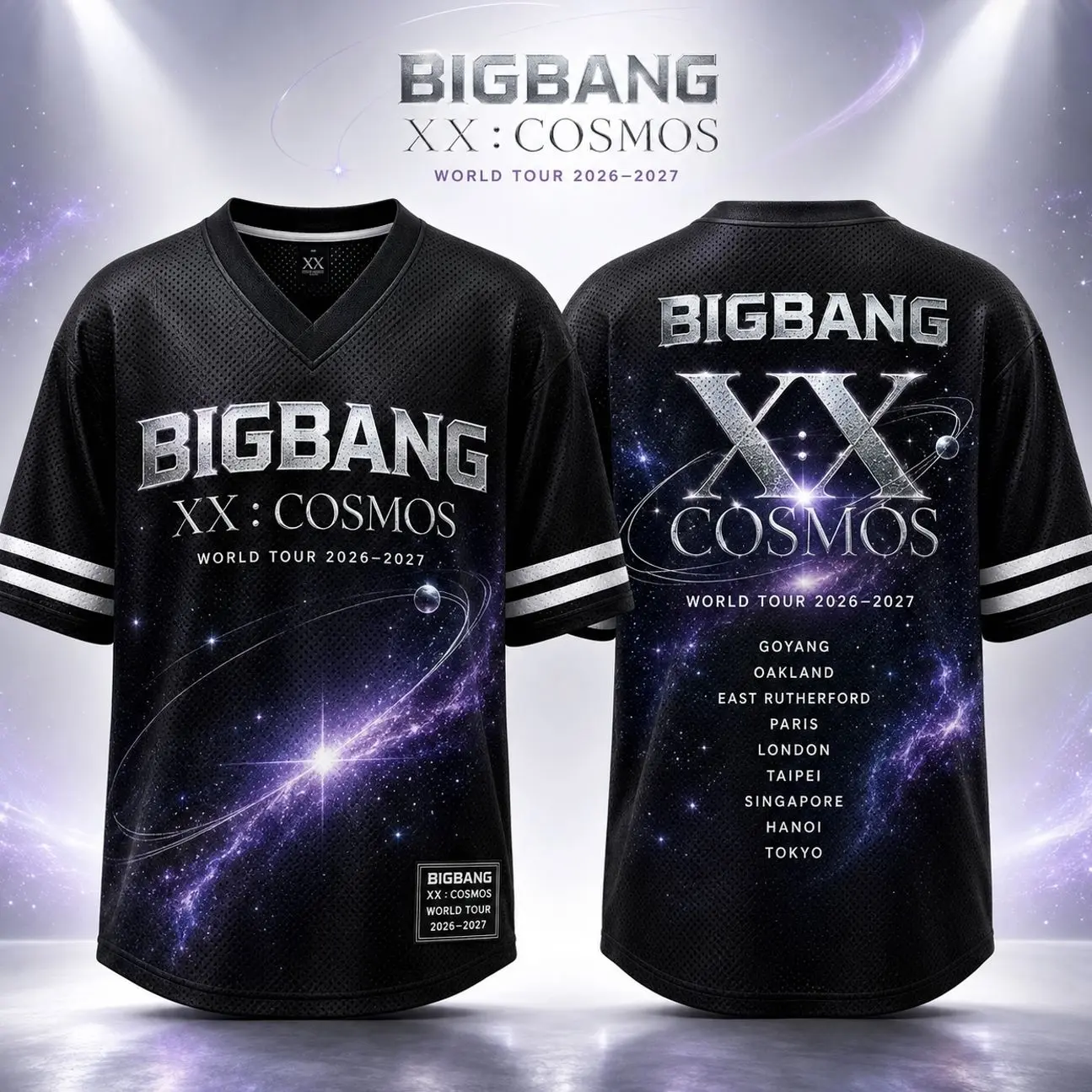 BIGBANG XX COSMOS World Tour 2026-2027 Mesh Jersey Shirt, V Neck Kpop Concert Graphic Jersey, Galaxy Music Tour Fan Shirt 2CW