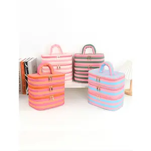 Three-Layer Striped Makeup Bag, Large Capacity Handheld Wash Bag, Travel Portable Cosmetic Storage Bag with Dividers, Suitable for All Seasons