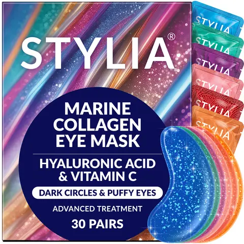 STYLIA Marine Collagen Under Eye Patches for Puffiness with Vitamin C Hyaluronic Acid & Pearl Extract (30 Pairs) Luxury Gentle Under-Eye Treatment