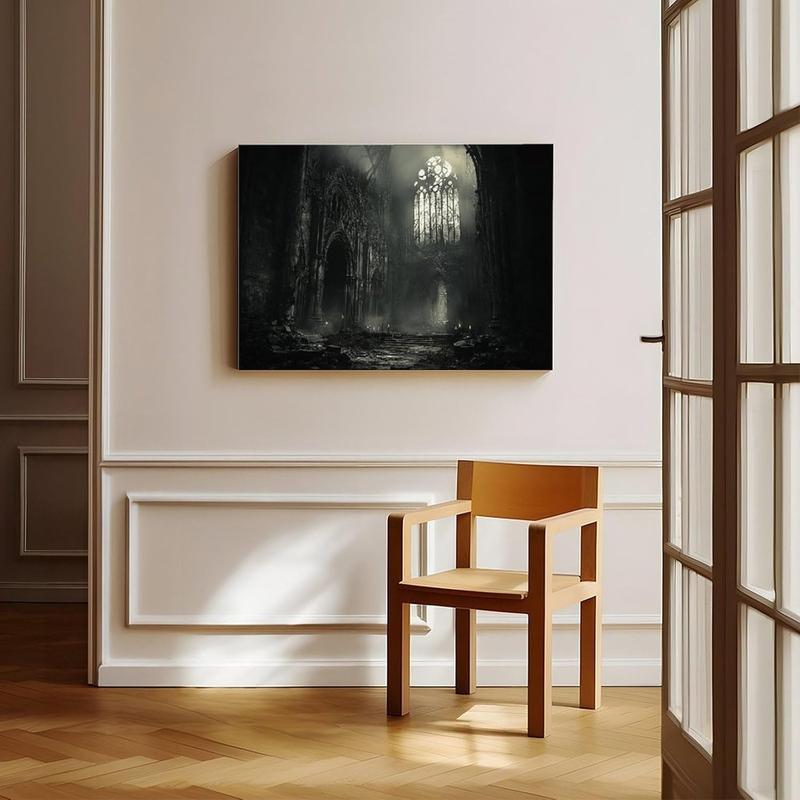 XAHOR Abandoned Gothic Cathedral Wall Art – Dark Horror Architecture Print – Vintage Black And White Canvas Wall Art Print Poster For Home School Office Decor 12x18inch(30x45cm)