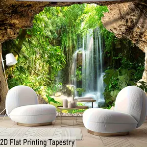Forest Cave Tapestry Waterfall Rock Backdrop Nature Theme Wall Hanging Photography Background Scenic Decor for Living Room Bedroom Indoor Outdoor Home Decoration