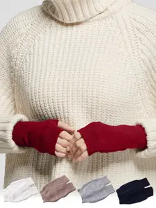 Unisex Winter Half Finger Gloves, Warm Knit Wrist Guards for Office Outdoor Cycling, Plain Color Casual Mitts for Fall & Winter