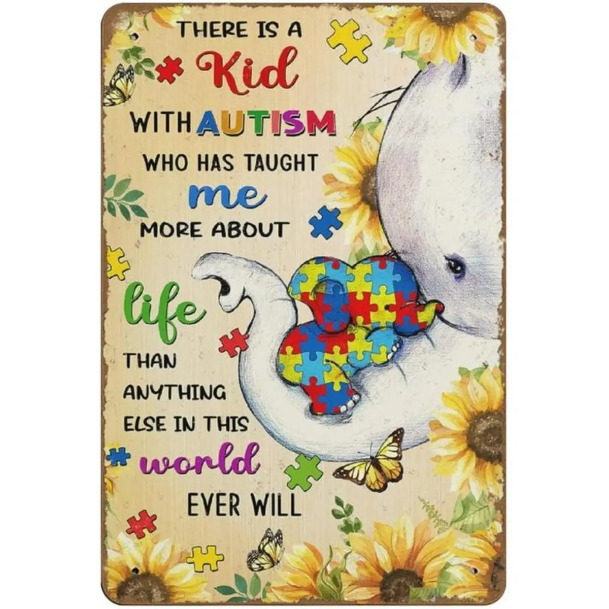 Elephant Autism Poster Autism Awareness Aluminum Sign Art Elephant And Sunflowers Decor Autism Puzzle Piece Wall Art Autism Mom Decor Novelty Retro Aluminum Sign Home decor Plate Wall Art Sign