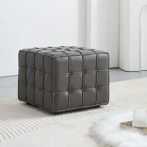 17.32''W Genuine Leather Tufted Ottoman,Footstool for Living Room & Bedroom,Grey Color
