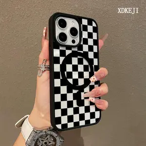 Black Checkerboard Pattern Premium Magnetic Phone Cases for iPhone 17 Air 16 15 14 Pro Max 13 12 11 Plus Smartphone Shockproof Protection Acrylic Cover Cellphone Protective magsafe magnetic case Aesthetic Resistance Casing Protector
