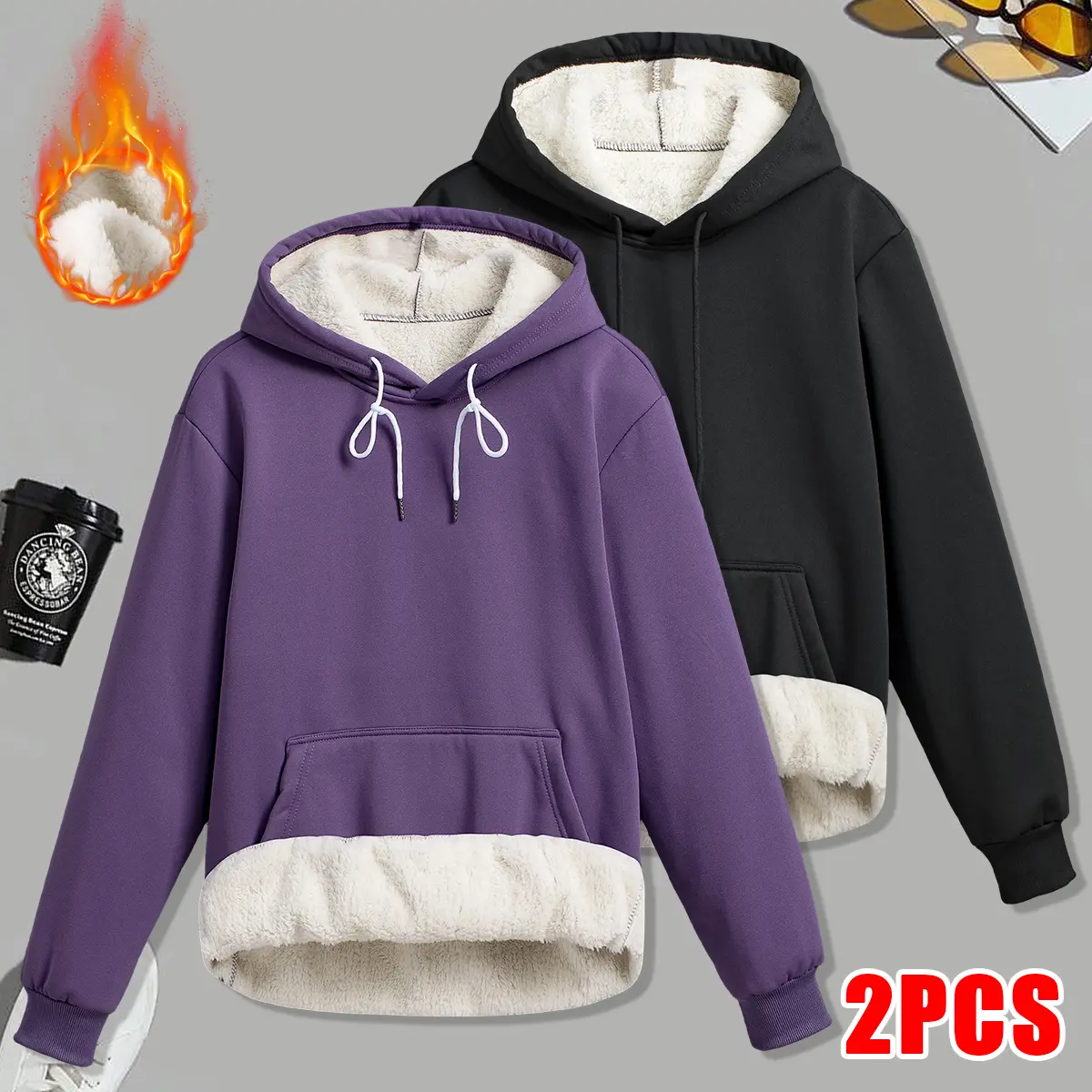 2-pack women’s fleece hoodies, solid color, kangaroo pocket, fleece-lined and thick, suitable for outdoor sports, running, and casual wear; women’s sweatshirt, hooded sweatshirt, women’s top, womenswear