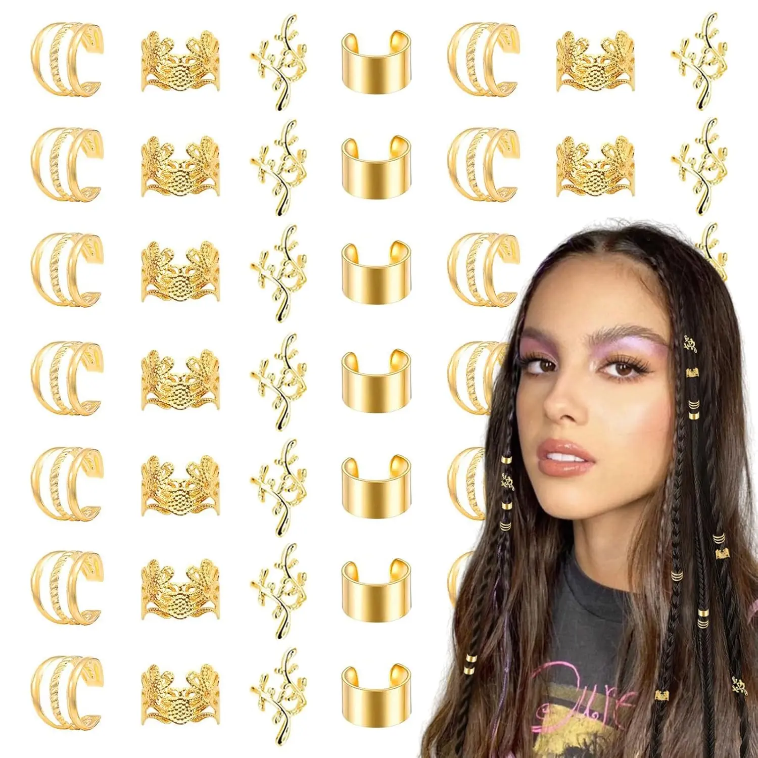 40-Piece Gold Alloy Hair Accessories Set - Fashion Dreadlock & Braid Cuffs, Rings, and Clips for Women & Men, Adjustable Beard Jewelry, Hair Clip Set, Durable And Resilient, Fashionable Hair Ring Designs