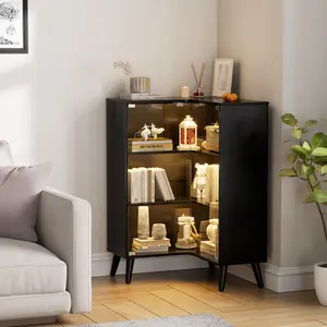 Display Case with LED Lights,3-Tier Corner Curio Cabinet with Tempered Glass Doors for Collectibles,Display Cabinet with 6 Adjustable Shelves,Kids Bookcase for Bedroom, Living Room,Black