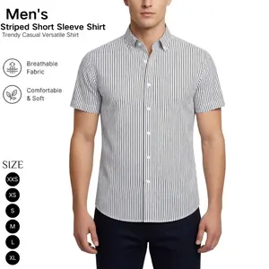 Men’s vertical striped short-sleeve shirt, classic black/white/blue/white options, button-down collar shirt; suitable for business casual, commuting, and formal wear; trendy, versatile piece that can be worn alone or as a base layer.