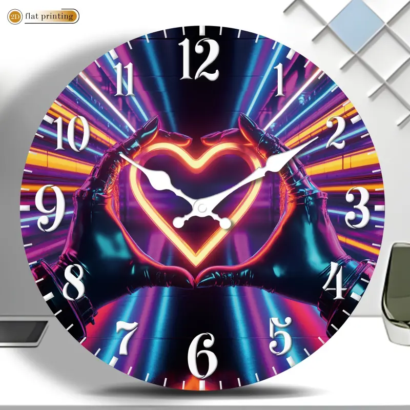 Futuristic neon heart-shaped pointer clock, acrylic silent wall clock for home use - 2D flat print, suitable for decorating study rooms, classrooms, and offices, Easter, Ramadan, Valentine's Day gift (AA batteries not included)