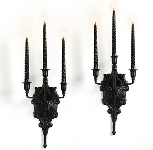 Miganest 3-Arm Gothic Wall Sconce Set of Two, Victorian Metal Candle Holder for Taper Candles, Wrought Iron Fleur-de-Lis Wall Mounted Candelabra with Vintage Backplate, Black Antique Iris Decor