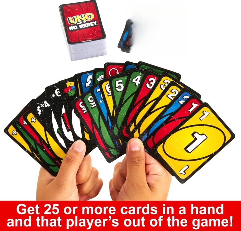 UNO Show 'em No Mercy Card Game for Kids Adults & Family Parties Travel with 56 Extra Cards Special Rules Tougher Penalties USA Edition
