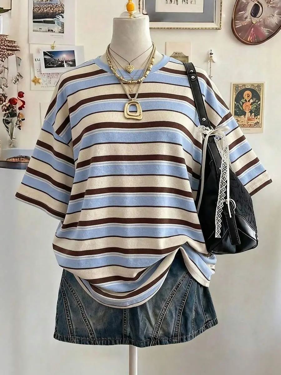 CurveHaus Lalippa Striped Digital Print Casual Plus Size Women Long Round Neck Drop Shoulder T-Shirt, Gift For Friends