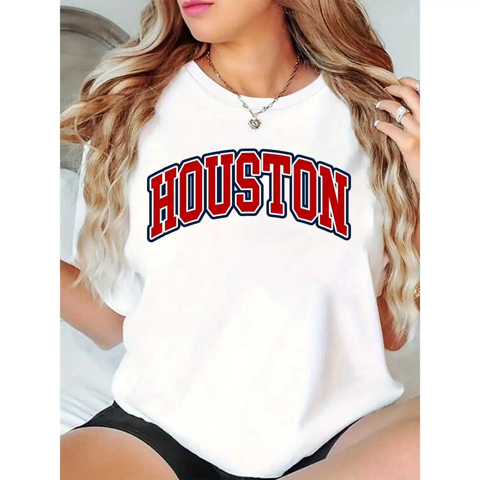 Women's White Houston Letter Graphic T-Shirt | Casual Short Sleeve Crew Neck Top for Daily Wear, Sports Fans & City Pride