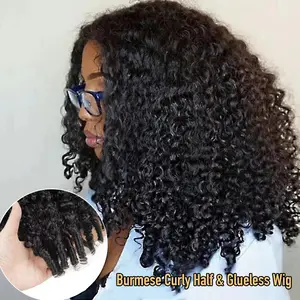 Burmese Curly 3 IN 1 Flip Over Half Wig Glueless Afro Kinky Curly Human Hair Wigs For Black Women Pre Plucked Beginner Friendly 200% Density