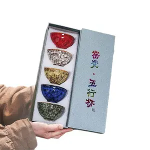 Gift Box Set Multicolor Five-Piece Ceramic Tea Cups, Yuhang Kiln-Change Jianzhang Gongfu Cup, Silver Color Home Use, Perfect Gift