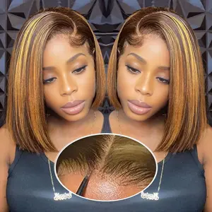 Ombre Glueless Wigs Human Hair Pre Cut Bob Wig 4/27 Highlight Honey Blonde Lace Front 10 inch Adjustable Straps Easy To Maintain Breathable Fit Daily Wear