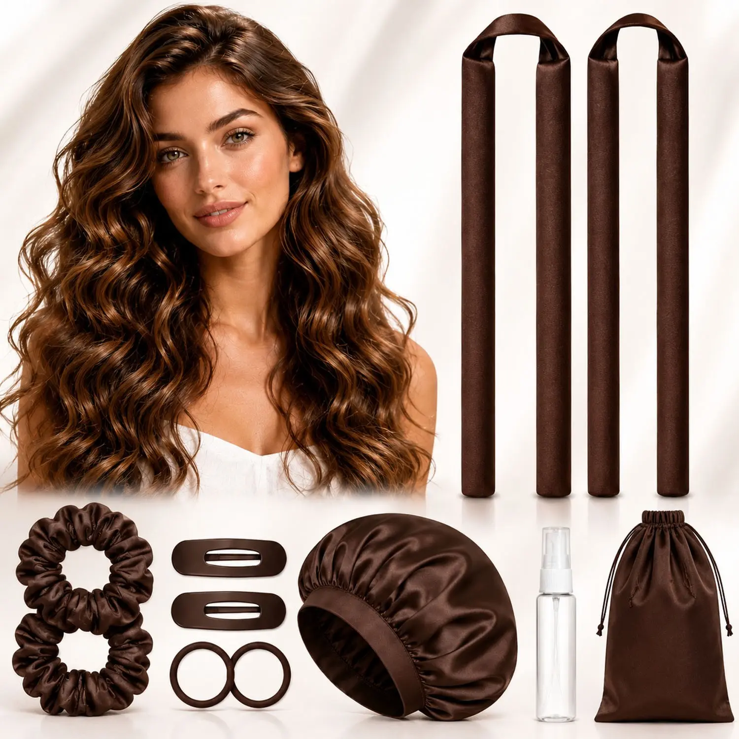 11Pcs Heatless Hair Curling Set, Satin No Heat Curling Rod Kit with Bonnet, Scrunchies, Hair Clips, Hair Ties, Spray Bottle & Storage Bag, Overnight Curlers for Natural Waves, Soft Curls, Volume & Comfortable Sleep Styling, Heatless Styling Tools
