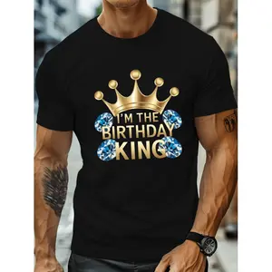 crown diamonds I M THE BIRTHDAY KING Print, Men'S Round Crew Neck Short Sleeve Tee, casual T-ShirtCasual Comfy lightweight Top For Summer