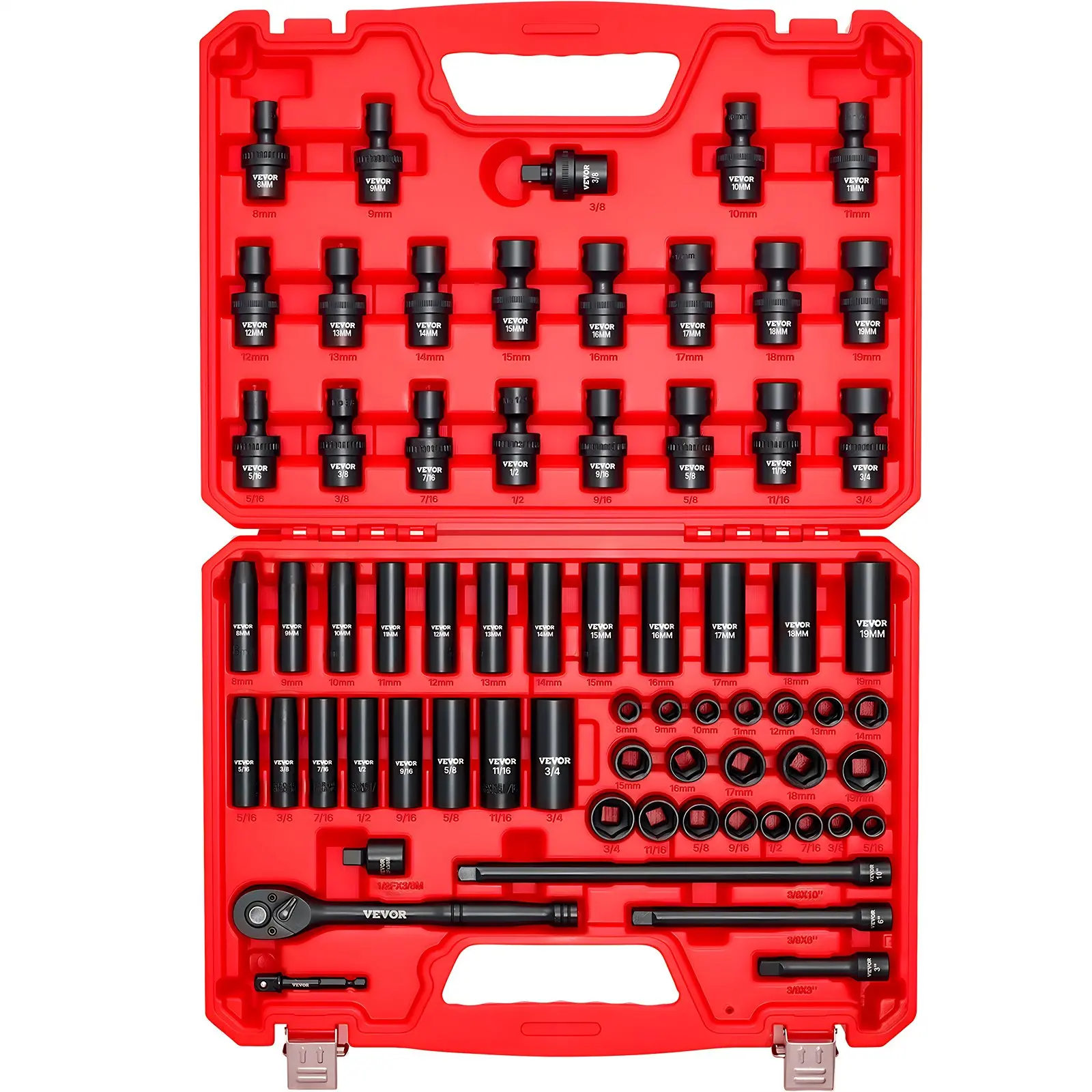 【Summerfinds】 VEVOR 3/8 in Drive Impact Socket Set, 67 Piece, 6 Point Shallow & Deep Impact Sockets, SAE (5/16 in to 3/4 in) and Metric (8 mm to 19 mm), Swivel Sockets, Adapters, Cr-V & Cr-Mo Steel, Carrying Case