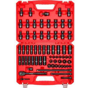 VEVOR 3/8 in Drive Impact Socket Set, 67 Piece, 6 Point Shallow & Deep Impact Sockets, SAE (5/16 in to 3/4 in) and Metric (8 mm to 19 mm), Swivel Sockets, Adapters, Cr-V & Cr-Mo Steel, Carrying Case