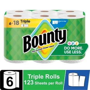 Bounty Select-A-Size White Paper Towels 6 Triple Rolls 123 Sheets Per Roll for Household Chores Household Kitchen Pack Wipes