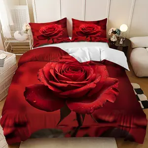 3-piece bedding set - Red Rose Water Drop Down Comforter Set (1 comforter cover + 2 pillowcases, filling not included) - A perfect gift for family and friends. Soft and comfortable, suitable for family bedrooms and guest rooms.