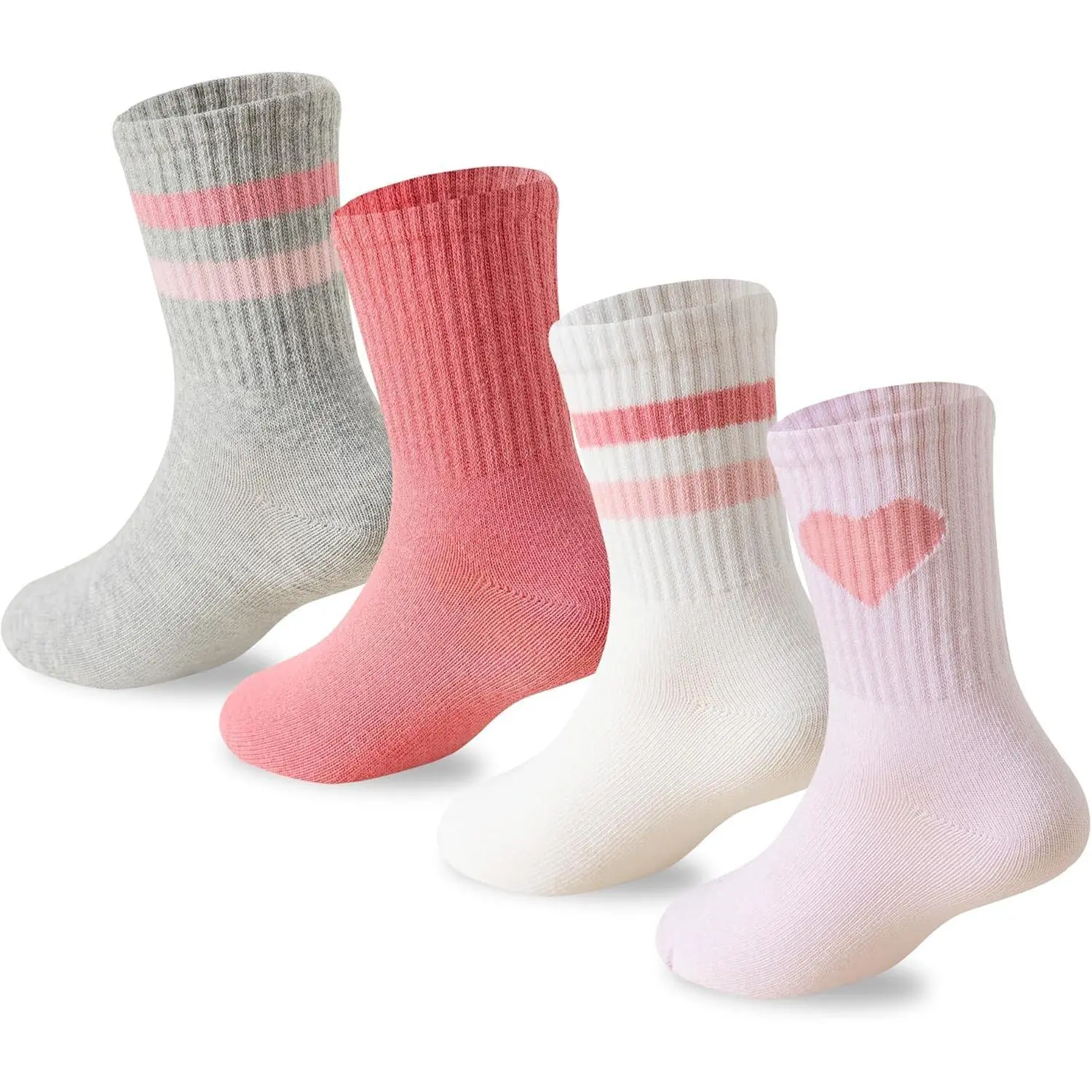 Girls' Crew Socks 4-Pack, Kids Pink Combed Cotton Athletic Style with Graphic Hearts & Stripes, Seamless, for Holiday & Birthdays, Pink Hearts, Party, Christmas Stockings, Seamless Toes, Children 4-12, Ankle