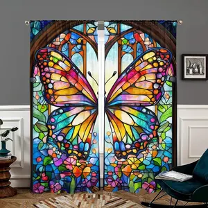 2 pieces, retro butterfly colored glass design printed curtains, pole pocket style, semi sunshade polyester fiber, suitable for home living room, bedroom, balcony, kitchen, study and shower room window decoration, anti privacy, easy to clean.