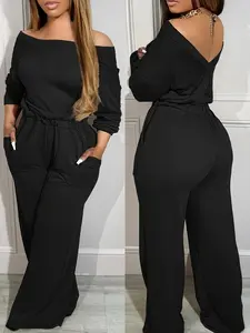Women's Off-Shoulder One-Shoulder Jumpsuit Elegant Waist-Cinching Wide-Leg Romper with Back Spring Fall Long Sleeve Outfits Casual to Formal Black Solid Color Jumpsuit for Parties Weddings Travel Minimalist Overalls Basic Fitted Womenswear