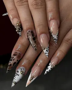 Safari Wild Animal Print Nails, Handpainted Leopard Zebra Press On Nails, Handmade Nails, French tip Nail