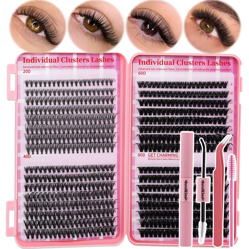Adult Cosmetic Lash Cluster Kit (640PCS) - 20D-40D-60D-80D 9-16mm Mixed D Curl Wispy Soft Comfortable Long-Lasting, Includes Bond&Seal, Tweezers, Lash Brush