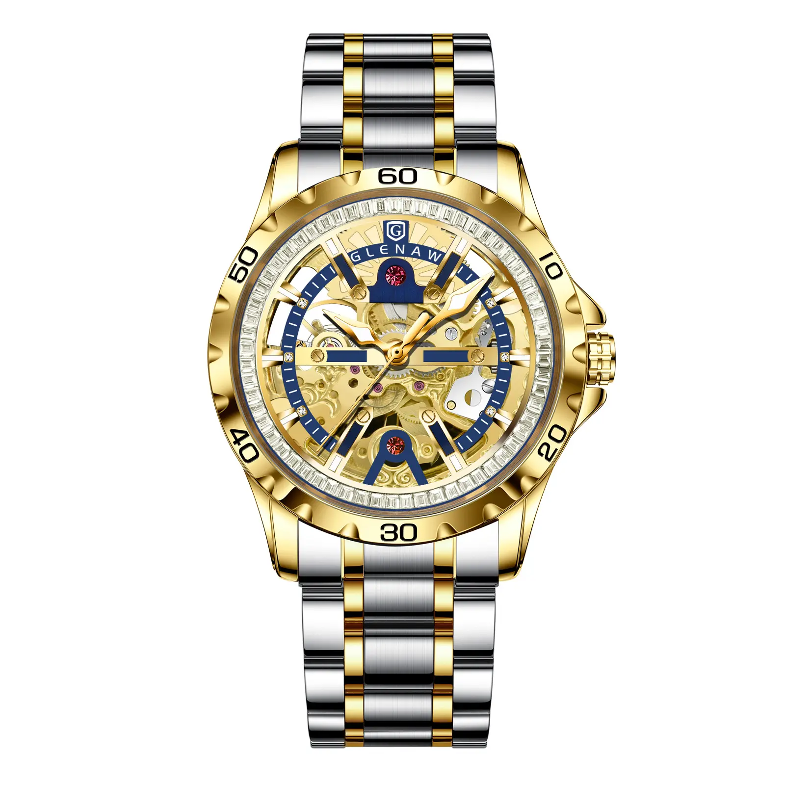 Men's 43MM Skeleton Automatic Self-Winding Watch - 2-Tone Gold Stainless Steel Band, 3ATM Waterproof Hollow Mechanical Business Dress Wrist Watch Gift For Men