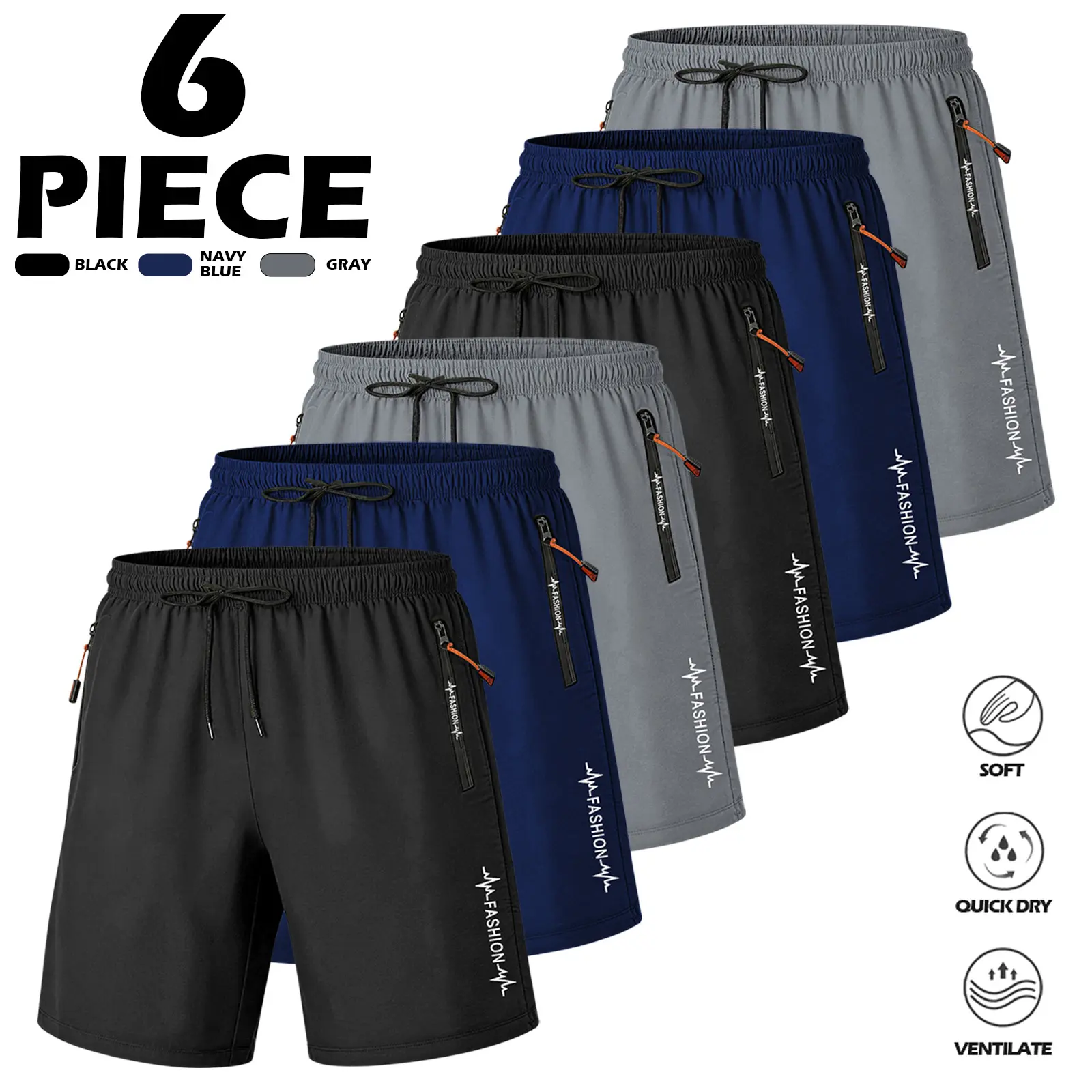 Men's Plus Size Performance Running Athletic Shorts 6-Pack, Quick Dry Breathable Fabric Activewear with Zipper Pockets, Performance Shorts, Activewear Men's Sports Shorts